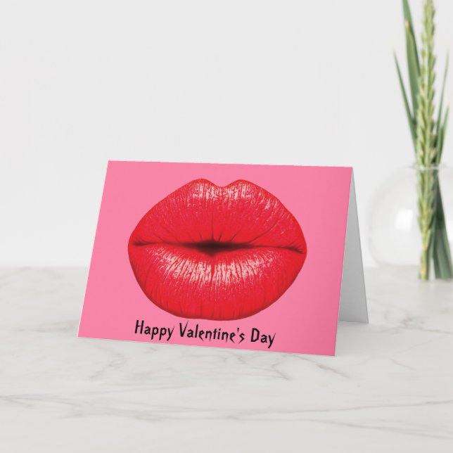 Red Lipstick big pop art lips on girly pink Holiday Card (Front)