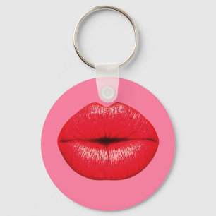 Red Lipstick big pop art lips on girly pink Key Ring