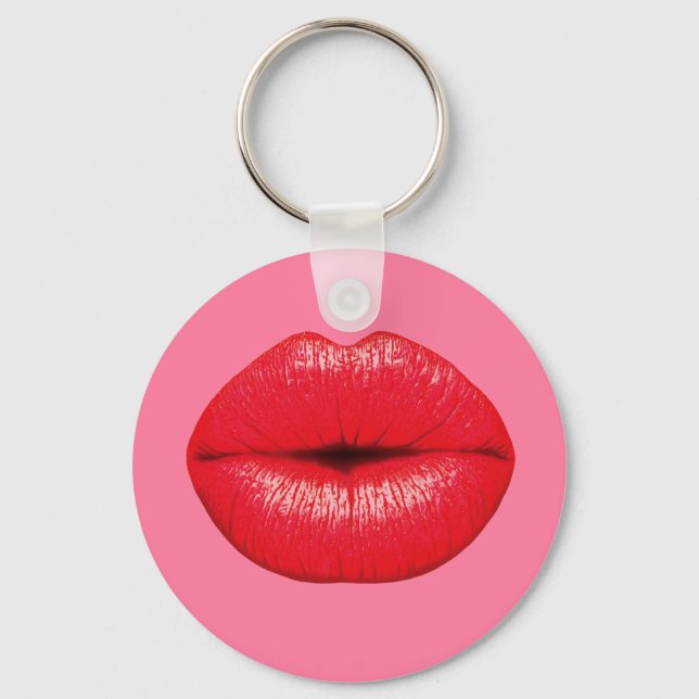 Red Lipstick big pop art lips on girly pink Key Ring (Front)