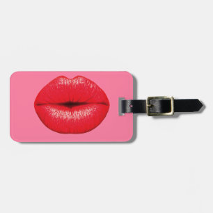 Red Lipstick big pop art lips on girly pink Luggage Tag