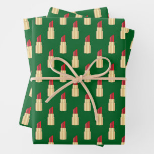 Red Lipstick Drawing Art Green  Wrapping Paper Sheet