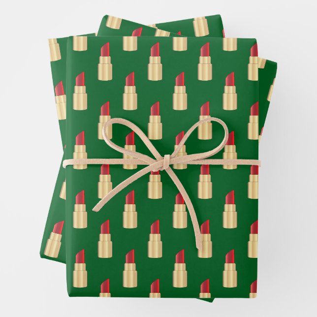 Red Lipstick Drawing Art Green  Wrapping Paper Sheet (In situ)