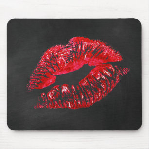 Red Lipstick Kiss On Black Mouse Mat