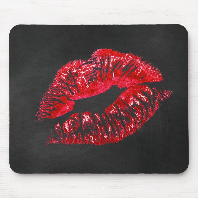 Red Lipstick Kiss On Black Mouse Mat (Front)