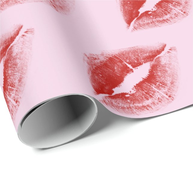 Red Lipstick Kiss on Pink Wrapping Paper (Roll Corner)