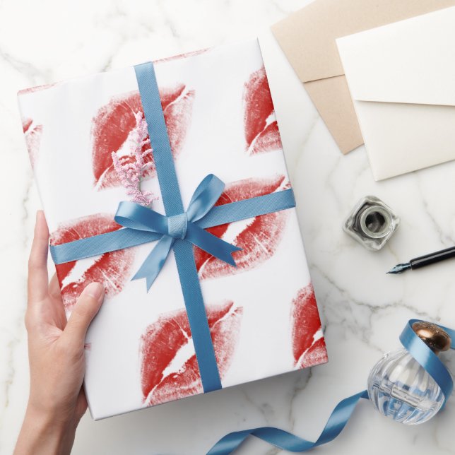 Red Lipstick Kiss on White Wrapping Paper (Gifting)