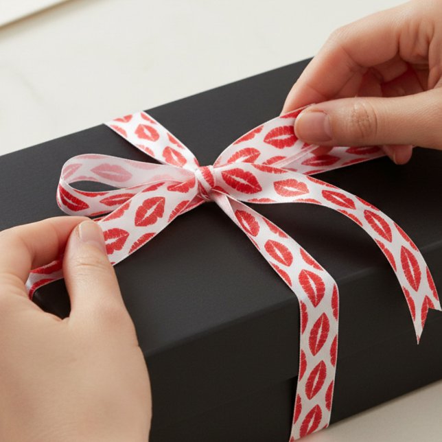 Red Lipstick Kiss Pattern Valentine's Satin Ribbon (Lovely lipstick kisses ribbon just for you. Check out the collection for coordinating wrapping paper)