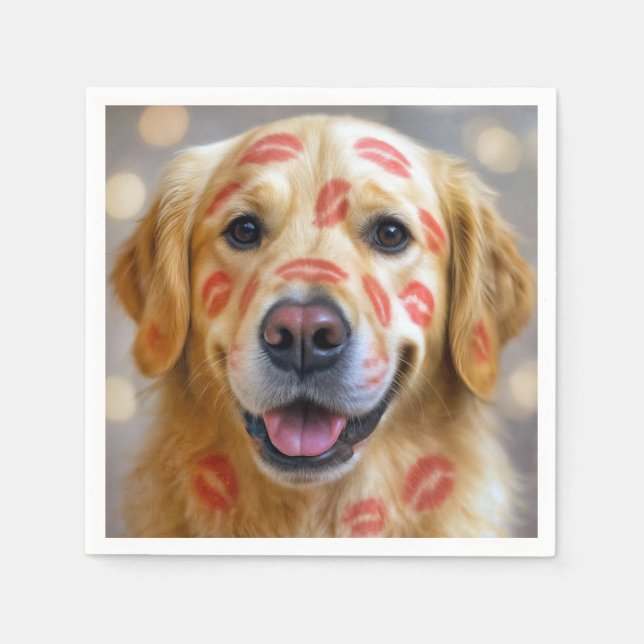 Red Lipstick Kisses On a Golden Retriever Napkin (Front)