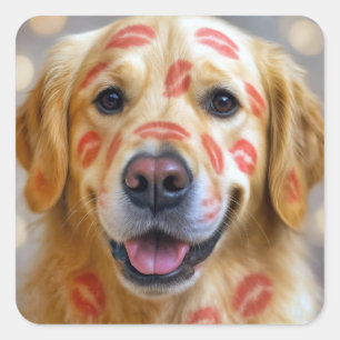 Red Lipstick Kisses On a Golden Retriever Square Sticker