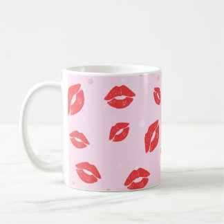 Red Lipstick Kisses on Pink Background Pattern  Coffee Mug