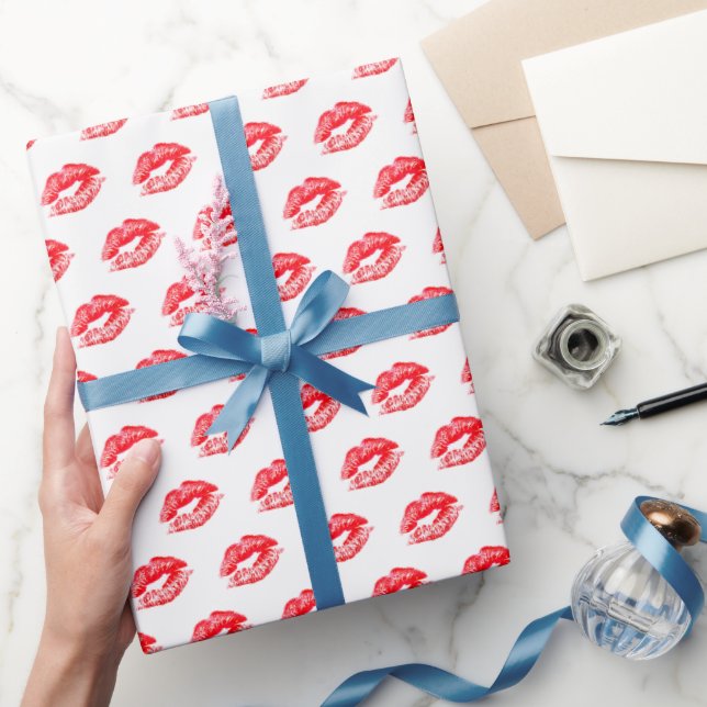 Red Lipstick Kisses On White Wrapping Paper (Gifting)