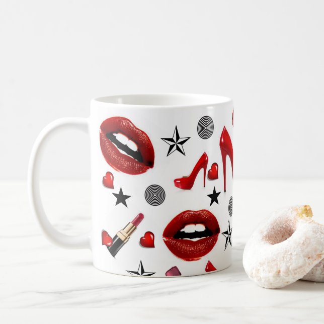 Red Lipstick Lips Heels Mug (With Donut)