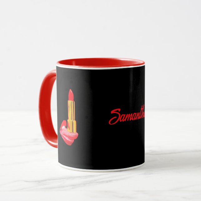 Red Lipstick on The Tongue Black with Custom Name Mug (Front Left)