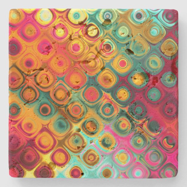 Red Liquid Rainbow Dots Abstract Pattern Stone Coaster (Front)