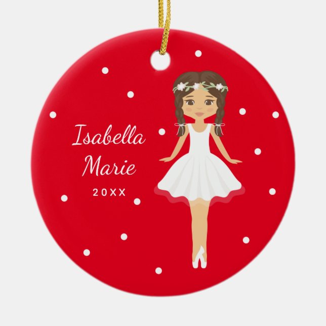 Red Little Girl Ballerina Personalised Ballet Ceramic Tree Decoration (Front)