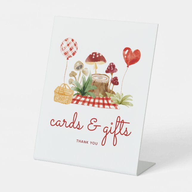 Red Little Mushroom Baby Shower Gifts and Cards Pedestal Sign (Front)