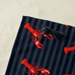 Red Lobster Abstract Stripes Navy Personalised Beach Towel