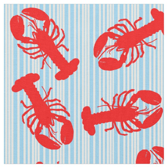 Red Lobster Animal Pattern on Blue Stripes Fabric (Close Up)