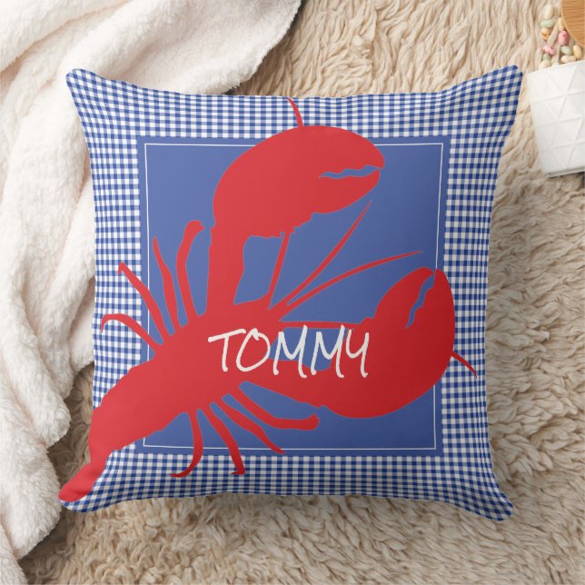 Red Lobster Blue Gingham NAME Coastal Decor Cushion (Blanket)