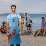 Red lobster blue sea crawfish boil party chef cook apron<br><div class="desc">Nautical,  summer and sea food theme.  A red lobster on a blue sea water background. The text: Chef wiht a modern blue hand lettered style script. Personalise and add your name.</div>