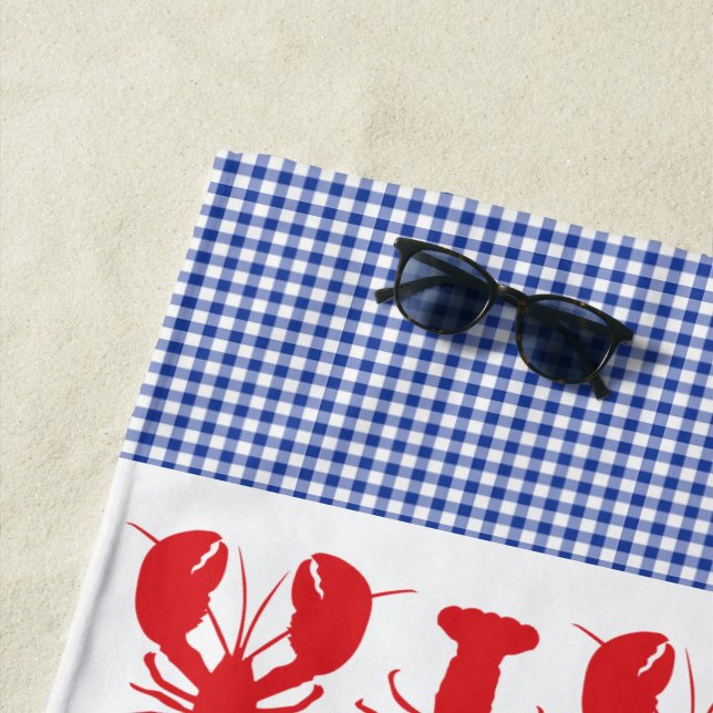 Red Lobster Blue White Gingham Coastal Beach Fun Beach Towel (In Situ)