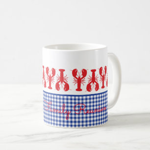 Red Lobster Blue White Gingham Coastal Custom Text Coffee Mug