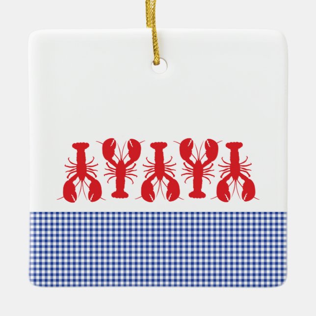 Red Lobster Blue White Gingham Family Reunion Year Ceramic Ornament (Front)