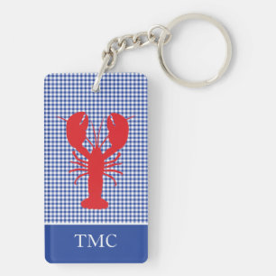 Red Lobster Blue White Gingham Monogram Initials Key Ring