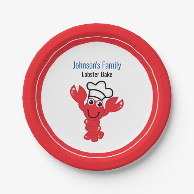 Red Lobster Cute Cartoon Chef Hat Illustration Paper Plate (Front)