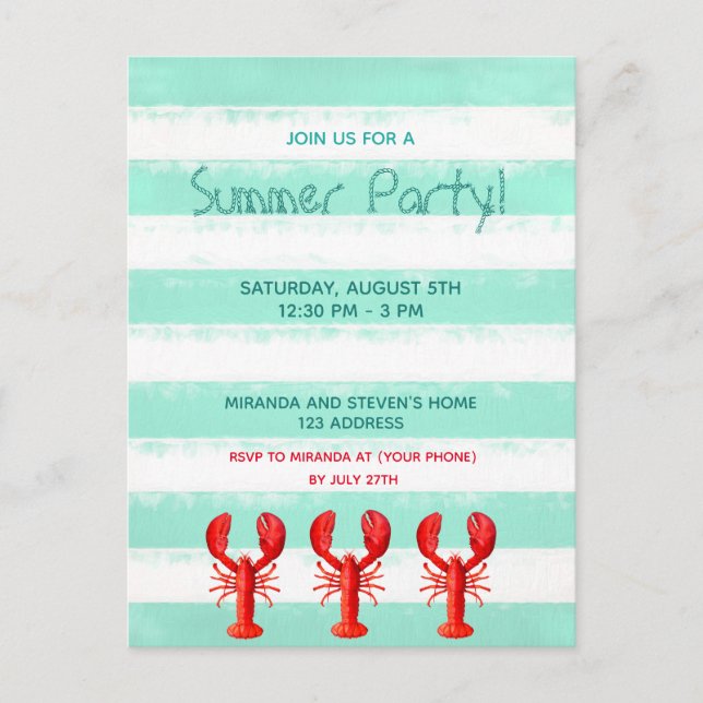 Red lobster green white summer party invitation postcard (Front)