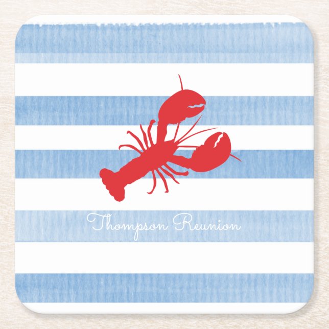 Red Lobster NAME Reunion Stripes Blue White Square Paper Coaster (Front)