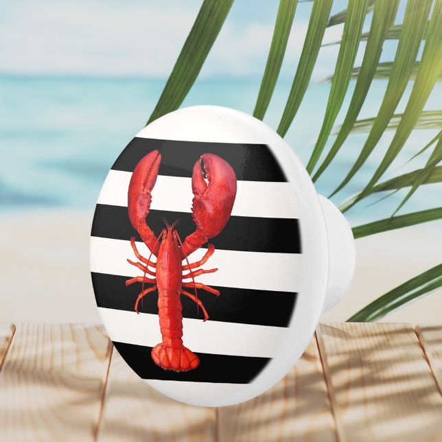 Red lobster on black white nautical stripes ceramic knob (Creator Uploaded)