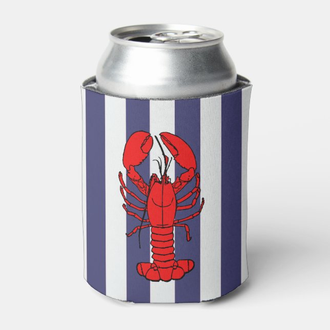 Red Lobster on Blue Stripes Can Cooler (Can Front)