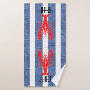 Red Lobster on Blue White Denim Stripes Bath Towel