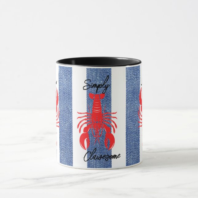 Red Lobster on Blue & White Denim Stripes Mug (Center)