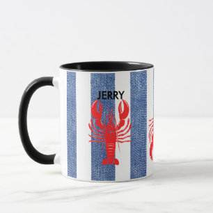 Red Lobster on Blue & White Denim Stripes Mug