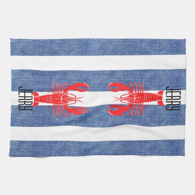 Red Lobster on Blue White Denim Stripes Tea Towel (Horizontal)