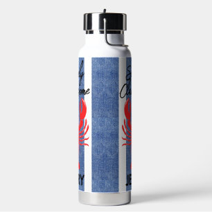 Red Lobster on Blue & White Denim Stripes Water Bottle