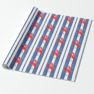 Red Lobster on Blue & White Denim Stripes Wrapping Paper
