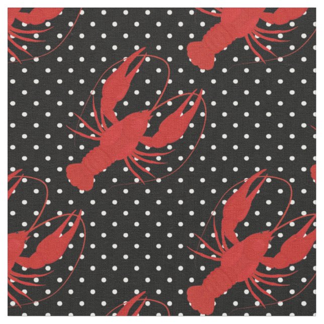red lobster polka dots black fabric (Close Up)