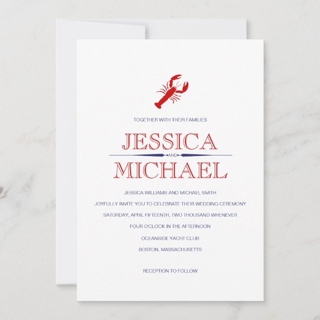 Red Lobster Wedding Navy Blue Nautical Theme Invit Invitation (Front)