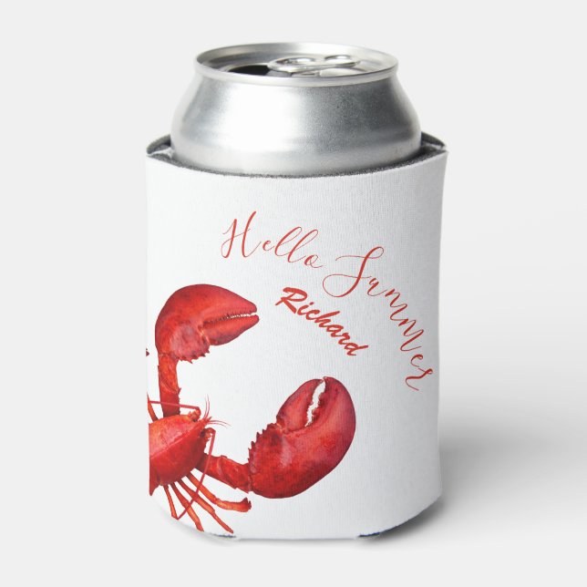 Red lobster white hello summer name seafood can cooler (Can Front)
