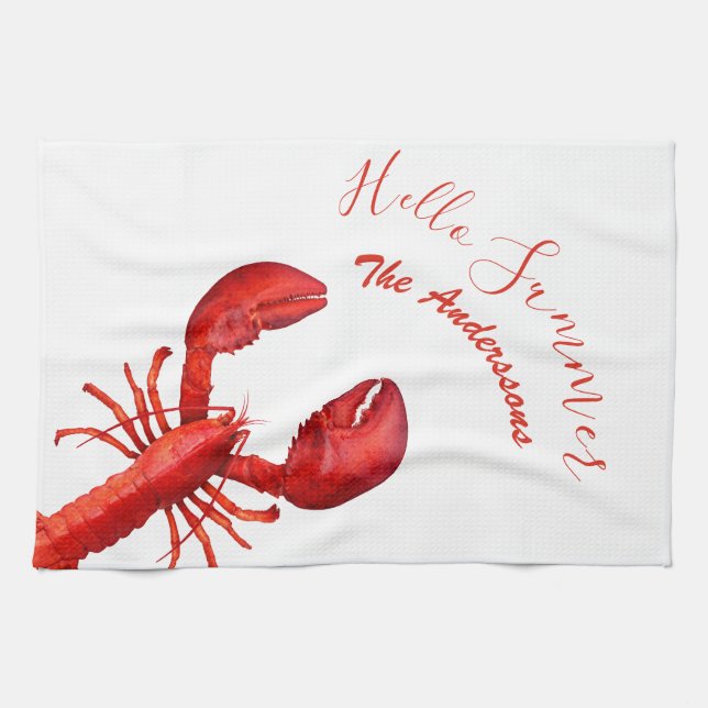 Red lobster white hello summer name seafood tea towel (Horizontal)