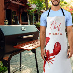 Red lobster white monogram name chef cook apron<br><div class="desc">Nautical,  summer and sea food theme.  A red lobster on a white background. The text: Chef wiht a modern red hand lettered style script. Personalise and add your name.</div>