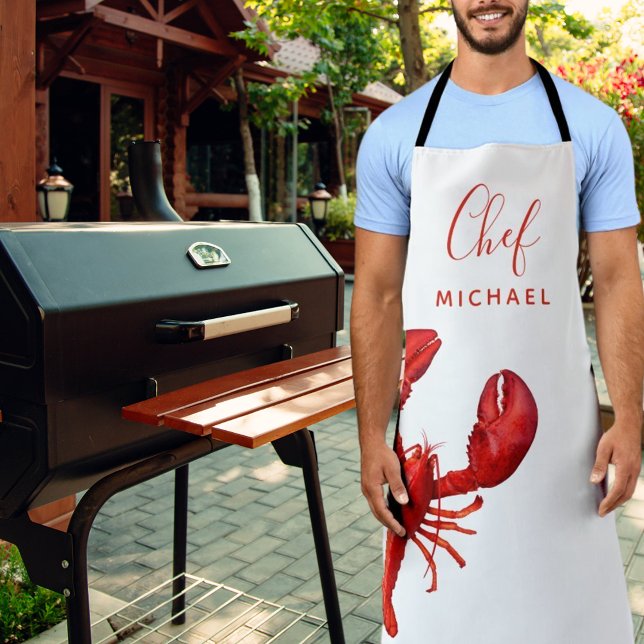 Red lobster white monogram name chef cook apron (Creator Uploaded)
