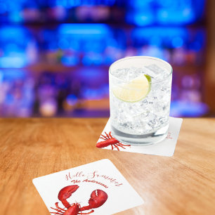 Red lobster white summer name party square paper coaster