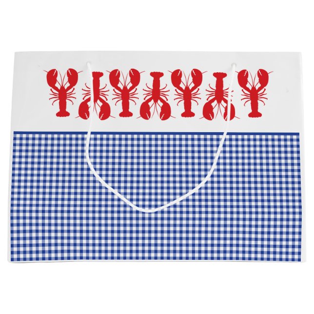 Red Lobsters Blue White Gingham Coastal Beach Large Gift Bag (Front)
