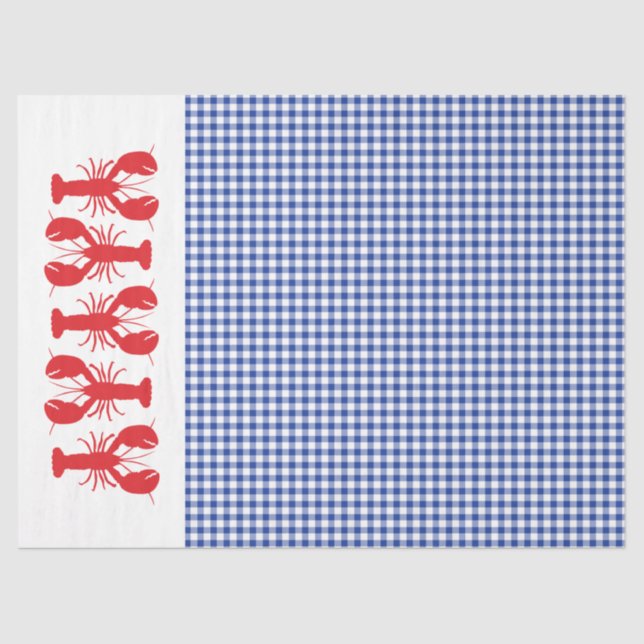 Red Lobsters Blue White Gingham Coastal Party Tissue Paper (Front)