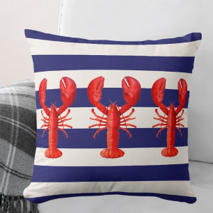 Red lobsters blue white nautical stripes cushion