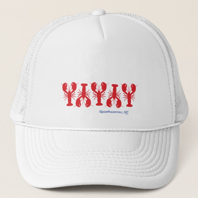 Red Lobsters White Custom Blue Location Text Trucker Hat (Front)